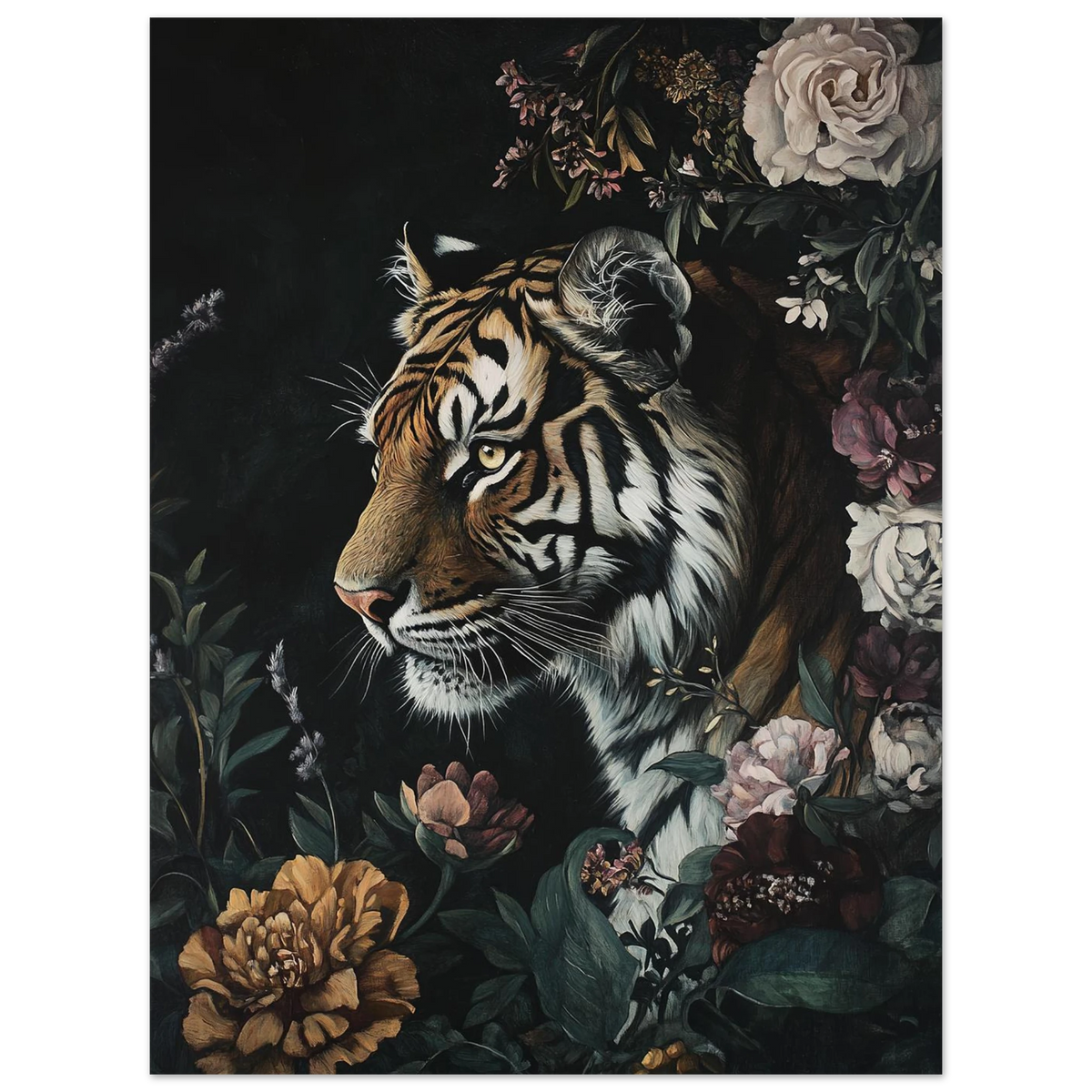 Detaljrik tigerposter med dova blommor i vintage-stil, mörkt canvastryck