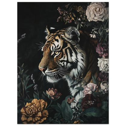Detaljrik tigerposter med dova blommor i vintage-stil, mörkt canvastryck