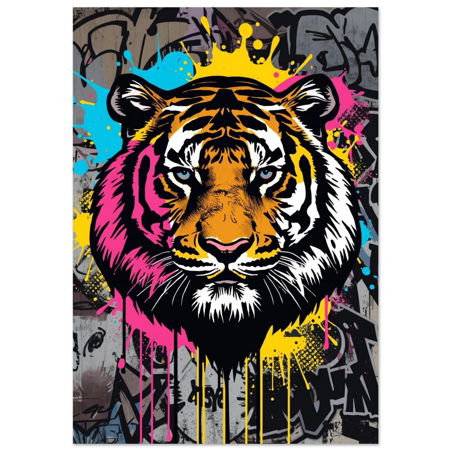 Färgstark tiger i graffiti-stil med rosa och gula färgstänk