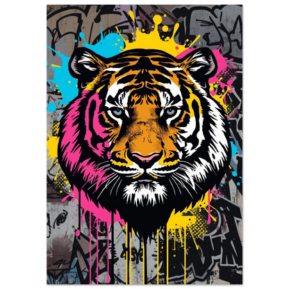 Färgstark tiger i graffiti-stil med rosa och gula färgstänk