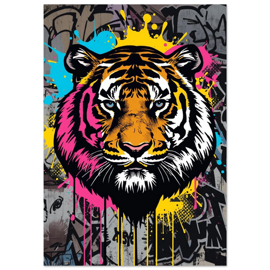 Färgstark tiger i graffiti-stil med rosa och gula färgstänk
