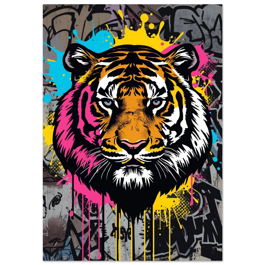 Färgstark tiger i graffiti-stil med rosa och gula färgstänk