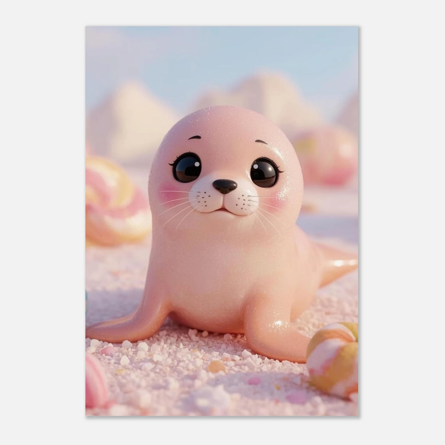 Charmig djurposter med en rosa säl bland färgglada godisbitar