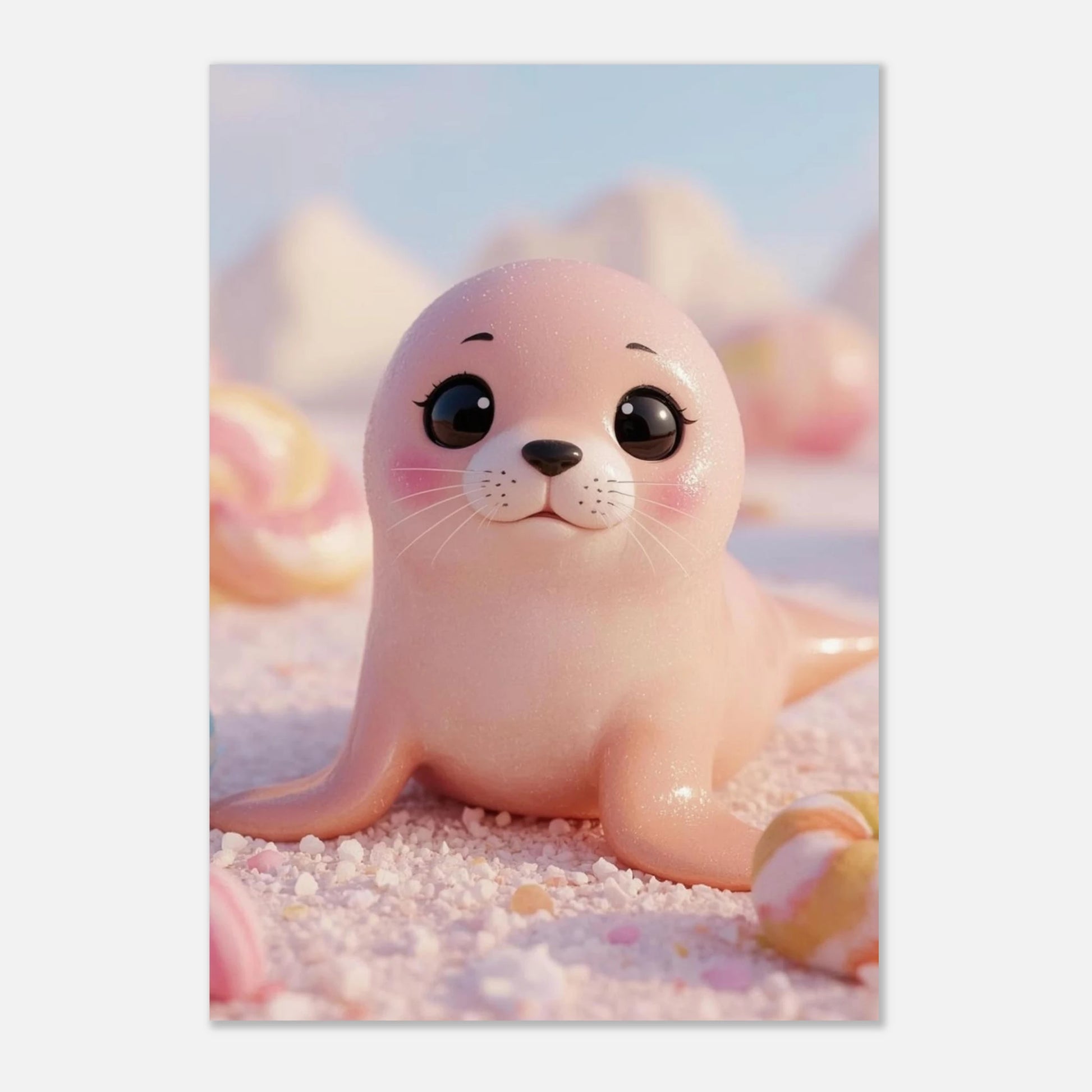 Charmig djurposter med en rosa säl bland färgglada godisbitar