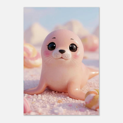 Charmig djurposter med en rosa säl bland färgglada godisbitar