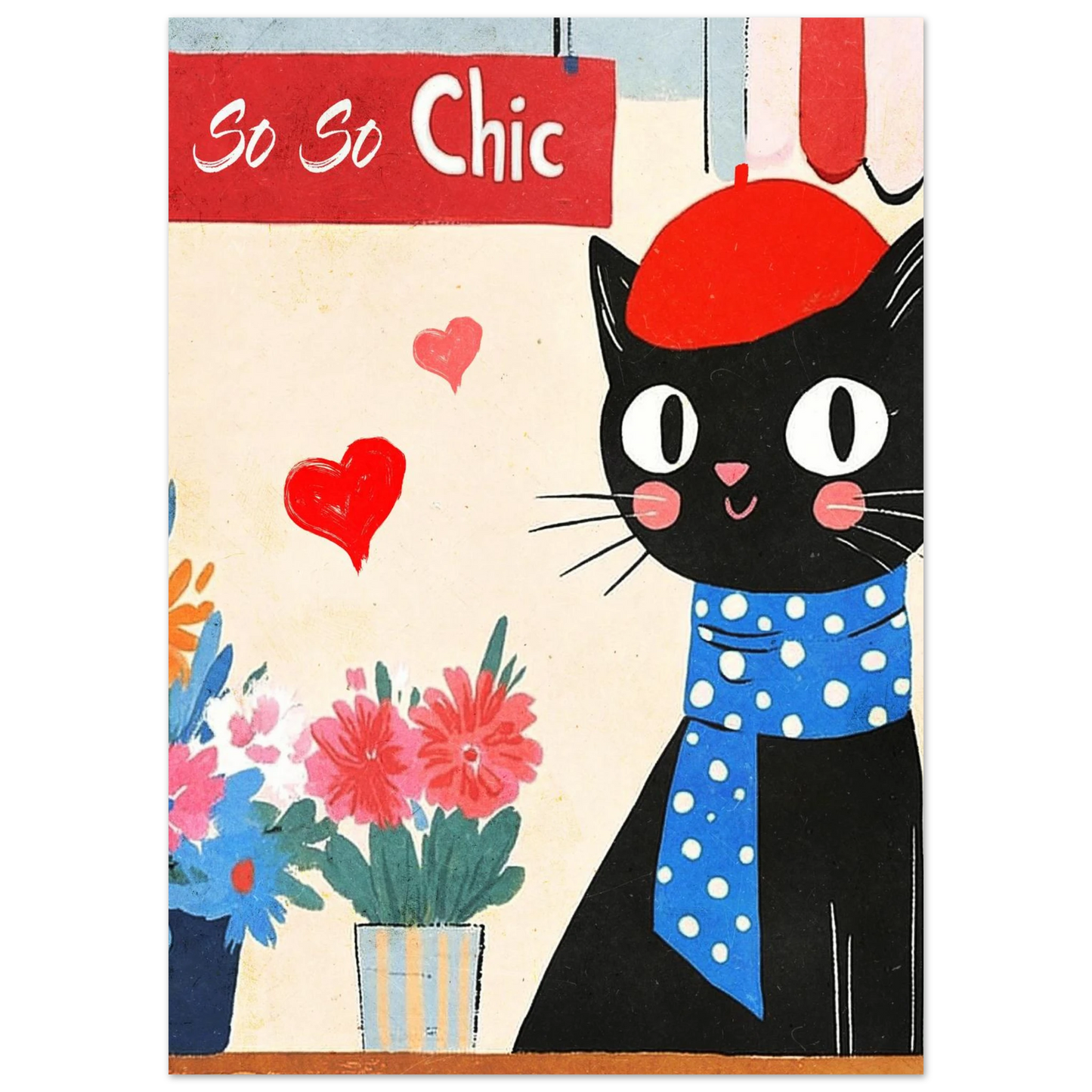 Chic svart katt i röd basker omgiven av blommor och hjärtan