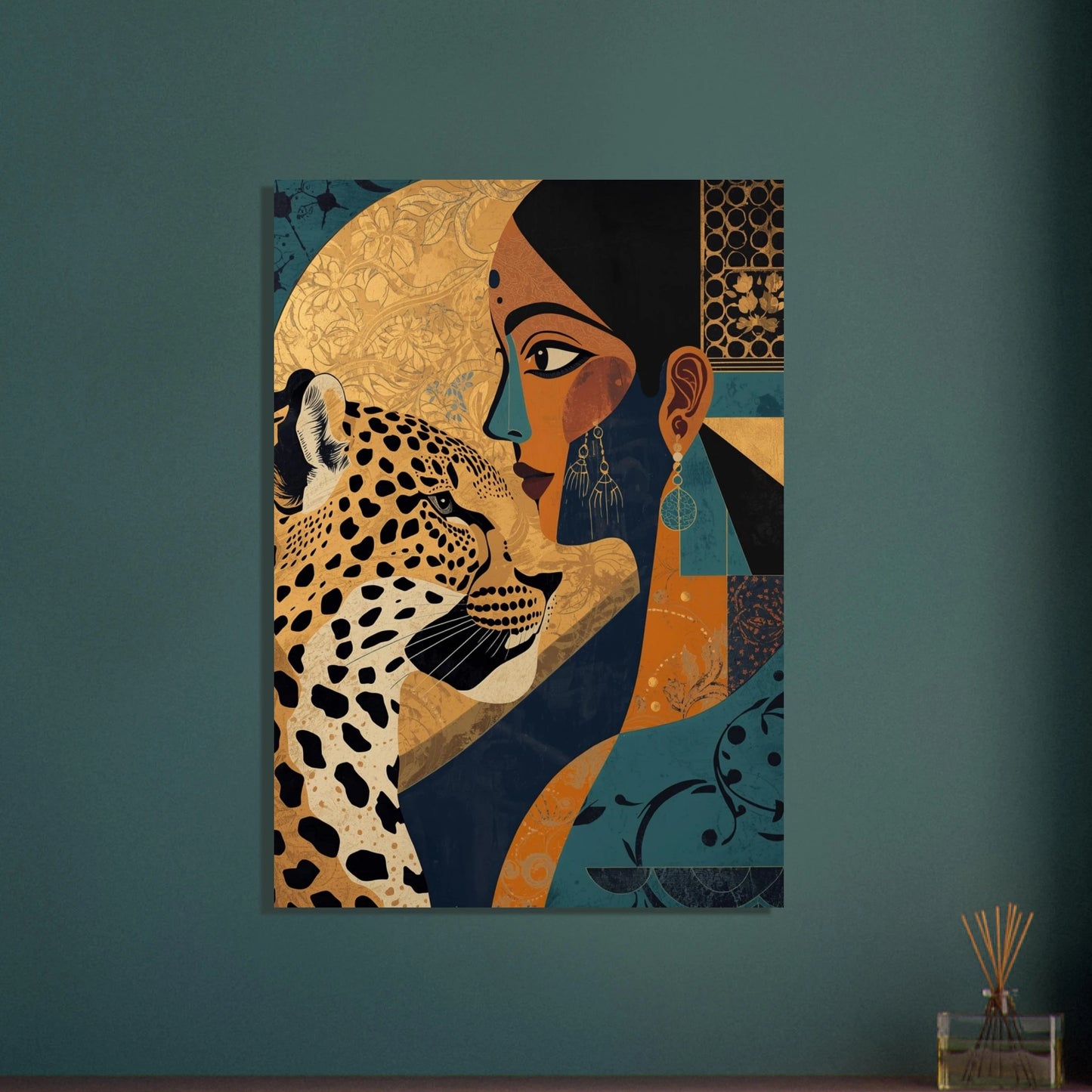 Leopard i kubistisk stil, mystisk och konstnärlig djurposter.