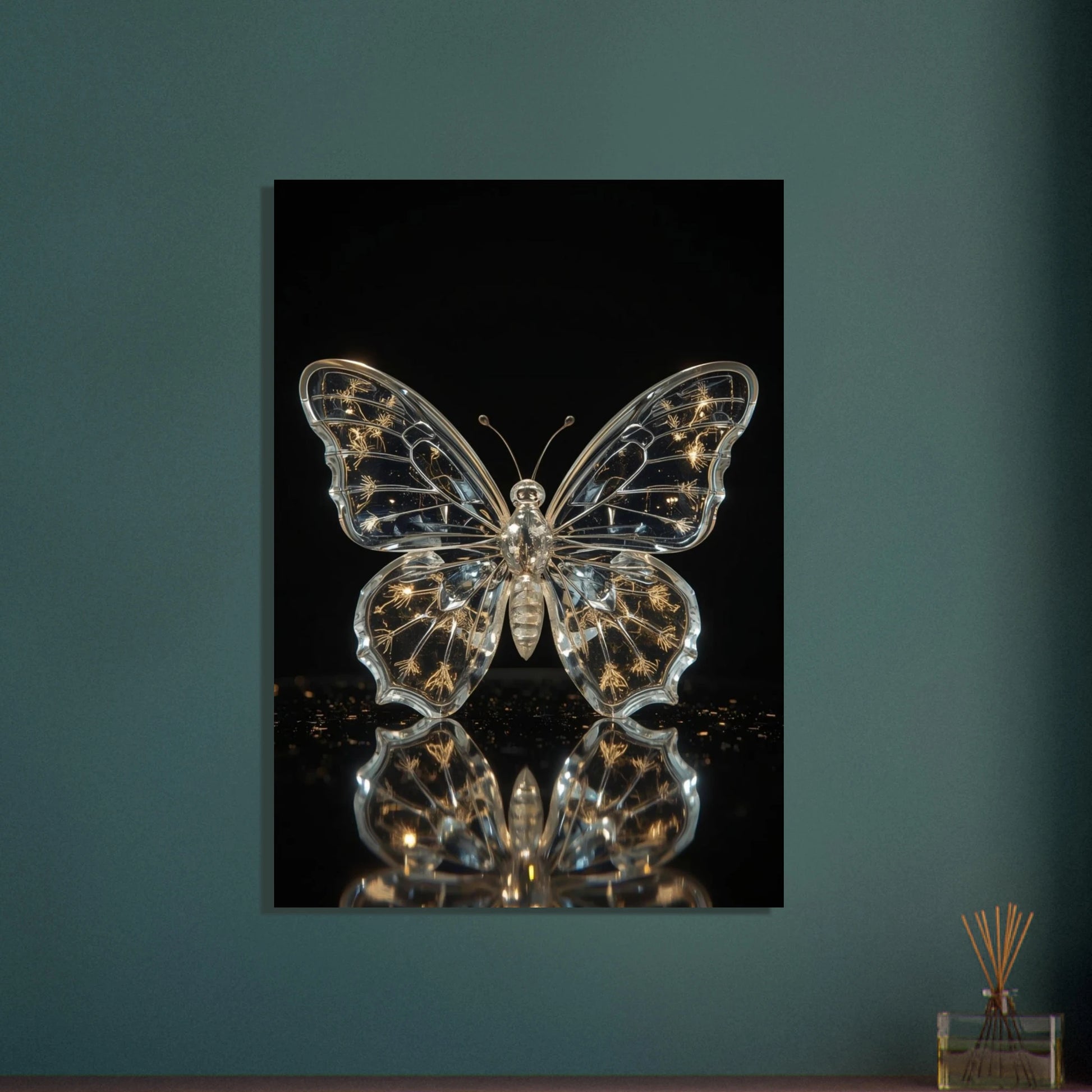 Glasklar fjäril med skimrande vingar på mörk bakgrund, elegant reflektion