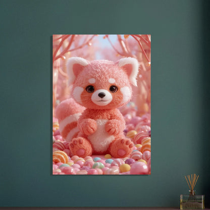 Rosa röd panda av godisfluff, omgiven av färgglada karameller