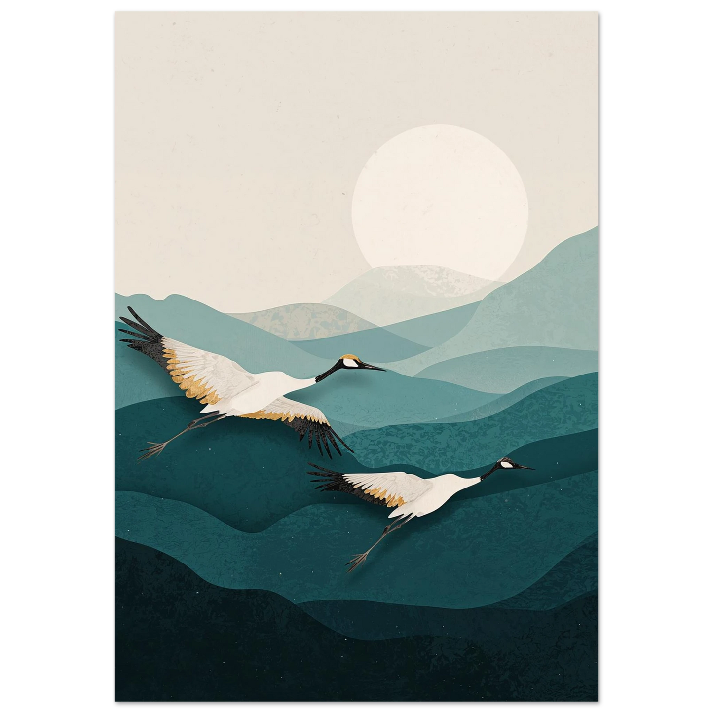 Två tranor flyger över böljande blå kullar under en rund sol – Retro poster