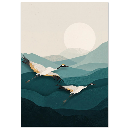 Två tranor flyger över böljande blå kullar under en rund sol – Retro poster