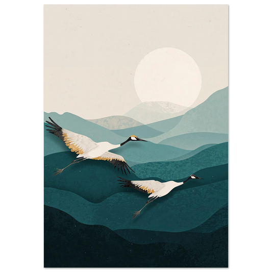 Två tranor flyger över böljande blå kullar under en rund sol – Retro poster