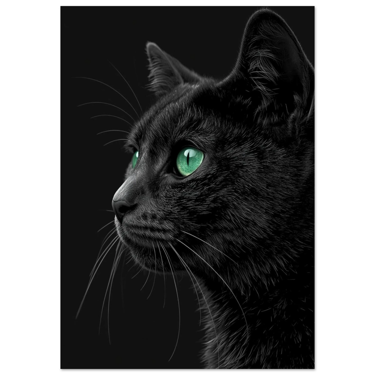 Svart katt med lysande gröna ögon, sedd i profil mot en mörk bakgrund – Fotorealistisk poster