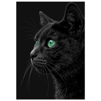 Svart katt med lysande gröna ögon, sedd i profil mot en mörk bakgrund – Fotorealistisk poster