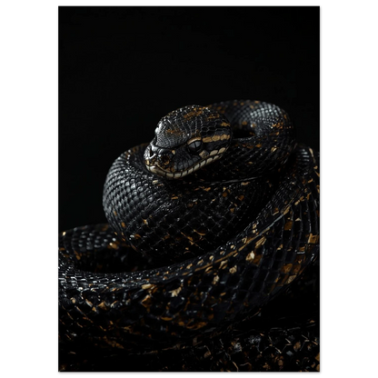 Närbild på ringlad svart orm med gyllene detaljer, dramatisk fotokonst
