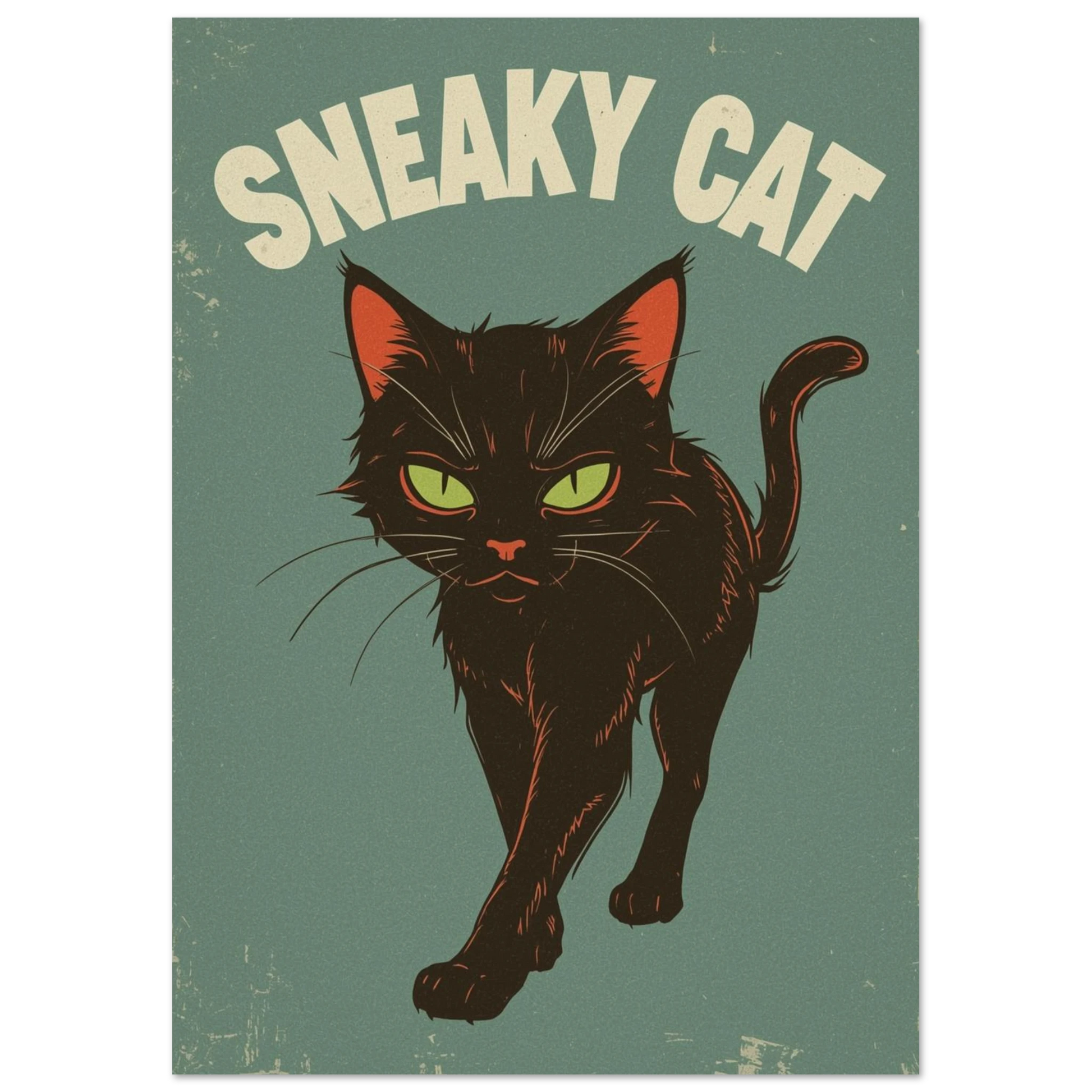 Illustration av svart katt med röda detaljer, grönblått texturerat bakgrundsmotiv