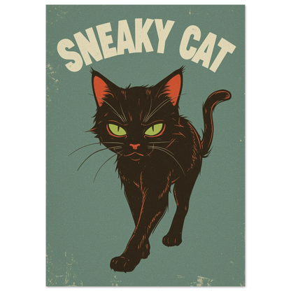 Illustration av svart katt med röda detaljer, grönblått texturerat bakgrundsmotiv