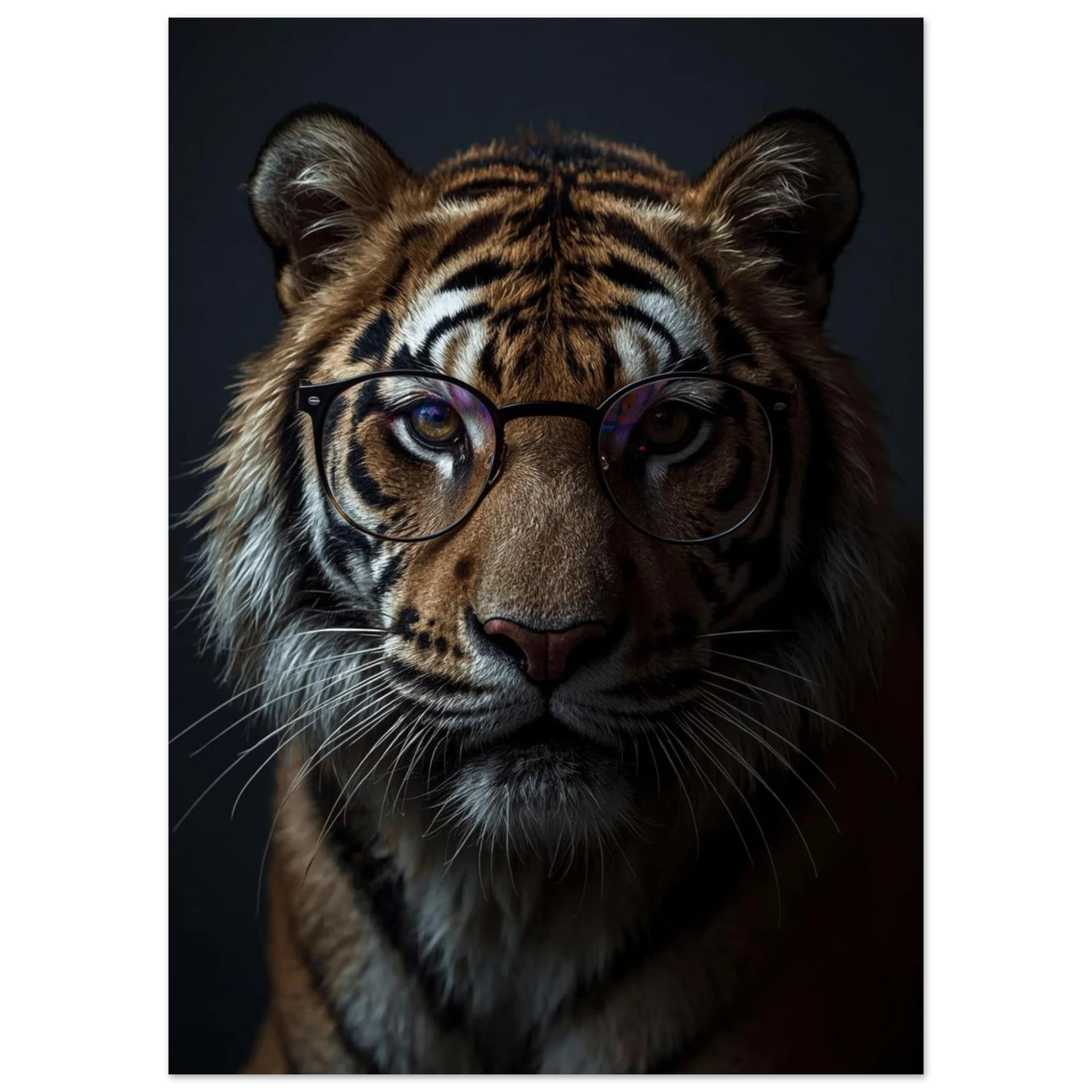 Närbild på tiger i glasögon med reflekterande glas, modern väggkonst