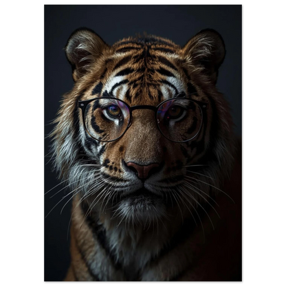 Närbild på tiger i glasögon med reflekterande glas, modern väggkonst