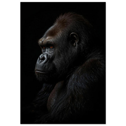 Närbild på gorilla i profil mot svart bakgrund, fotorealistisk djurposter