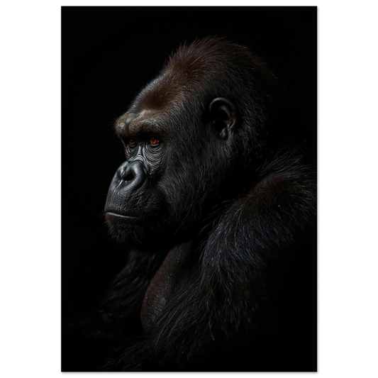 Närbild på gorilla i profil mot svart bakgrund, fotorealistisk djurposter