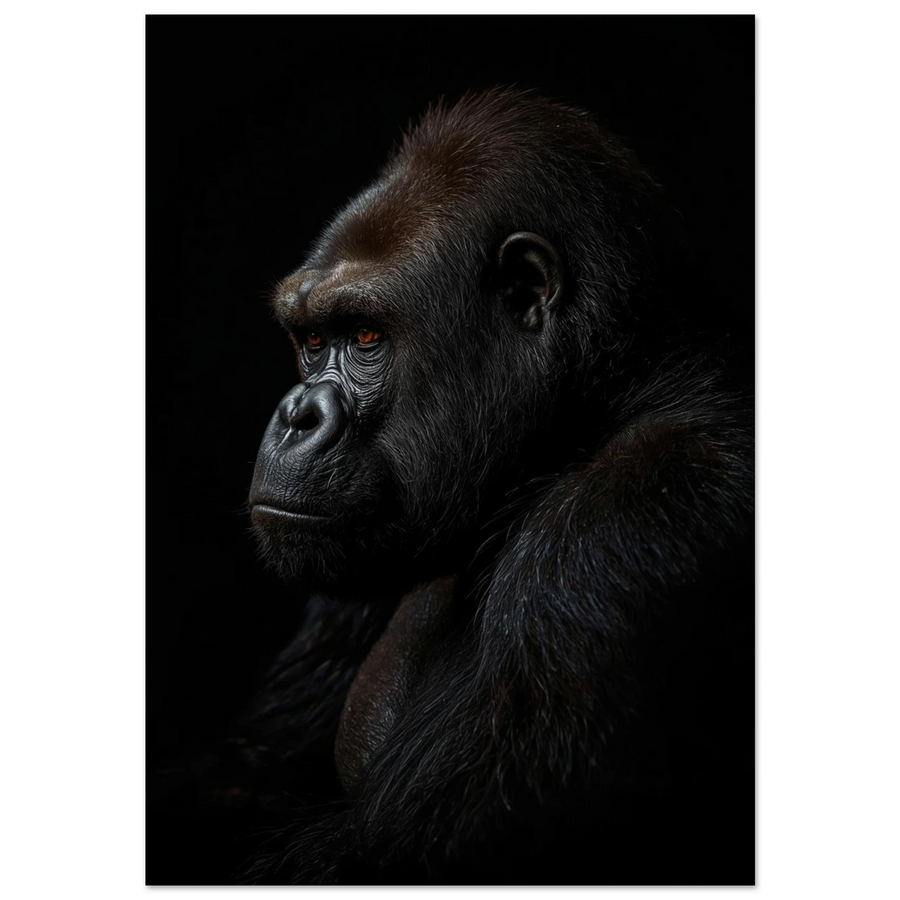 Närbild på gorilla i profil mot svart bakgrund, fotorealistisk djurposter