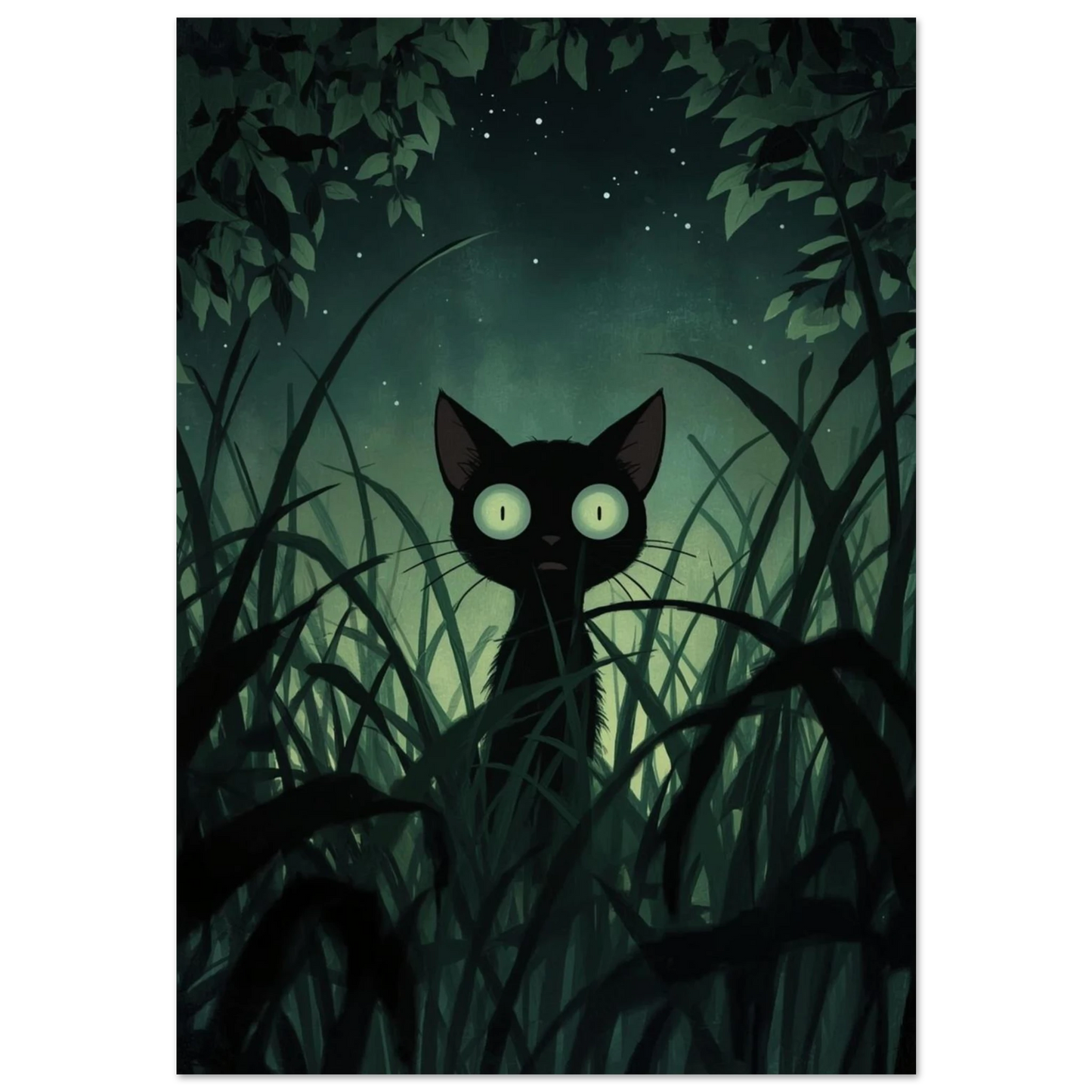 Svart katt med lysande ögon i mörkt gräs – mystisk djurposter