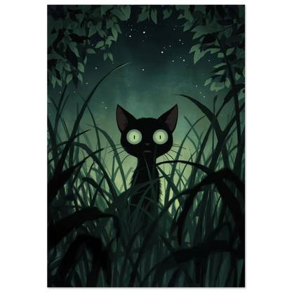 Svart katt med lysande ögon i mörkt gräs – mystisk djurposter