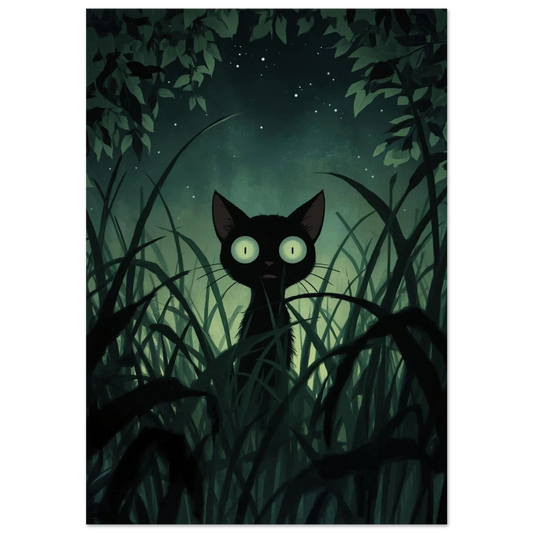 Svart katt med lysande ögon i mörkt gräs – mystisk djurposter