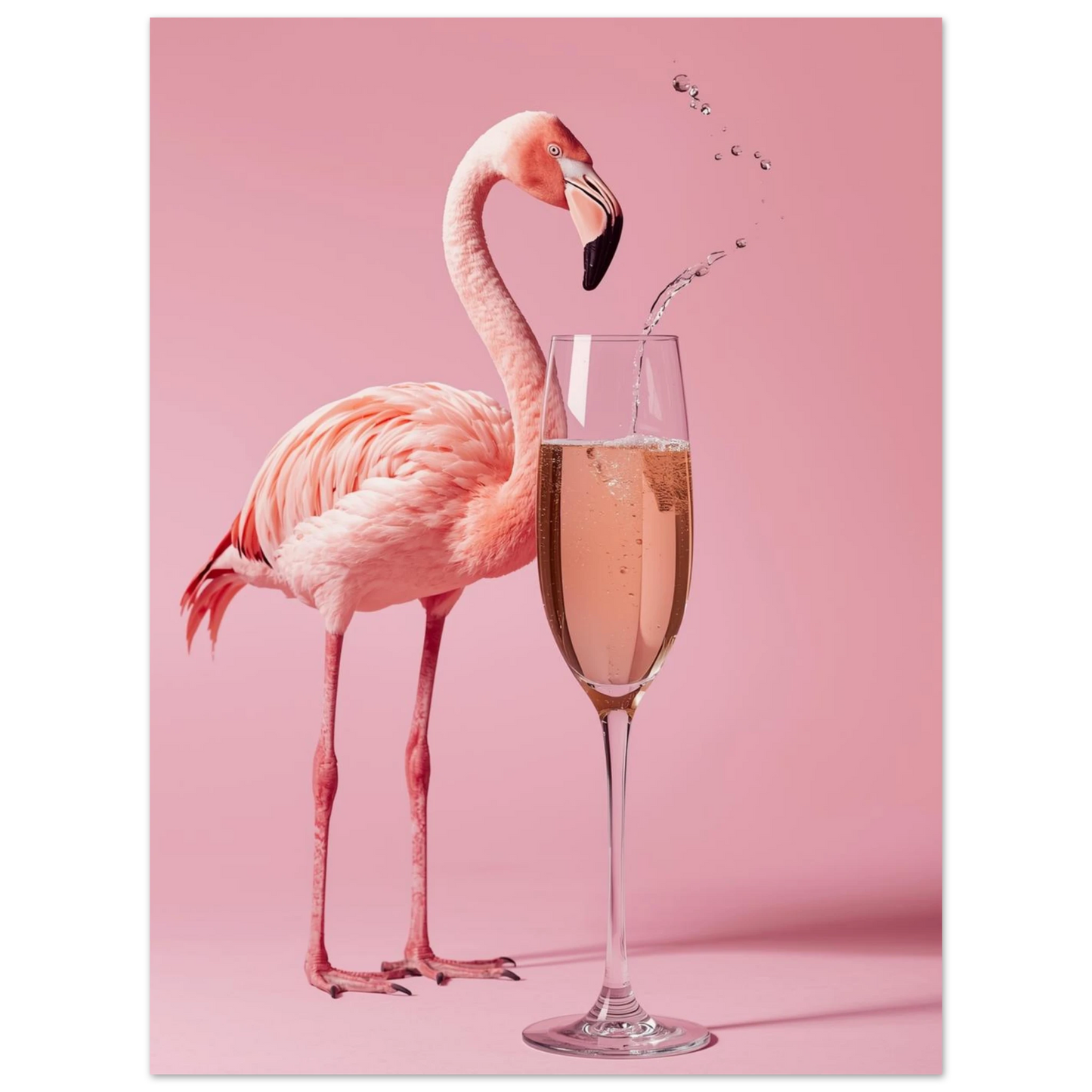 Elegant flamingo som betraktar ett glas bubbel, trendig djurposter för hemmet