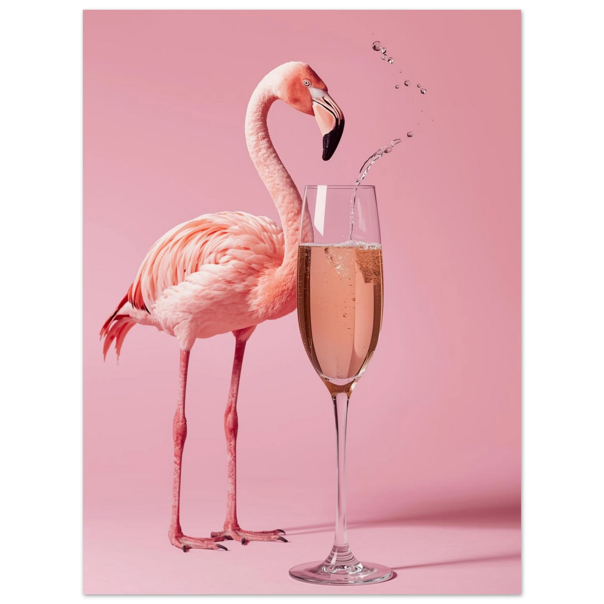 Elegant flamingo som betraktar ett glas bubbel, trendig djurposter för hemmet
