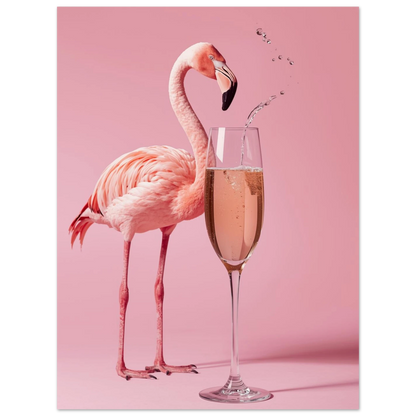 Elegant flamingo som betraktar ett glas bubbel, trendig djurposter för hemmet