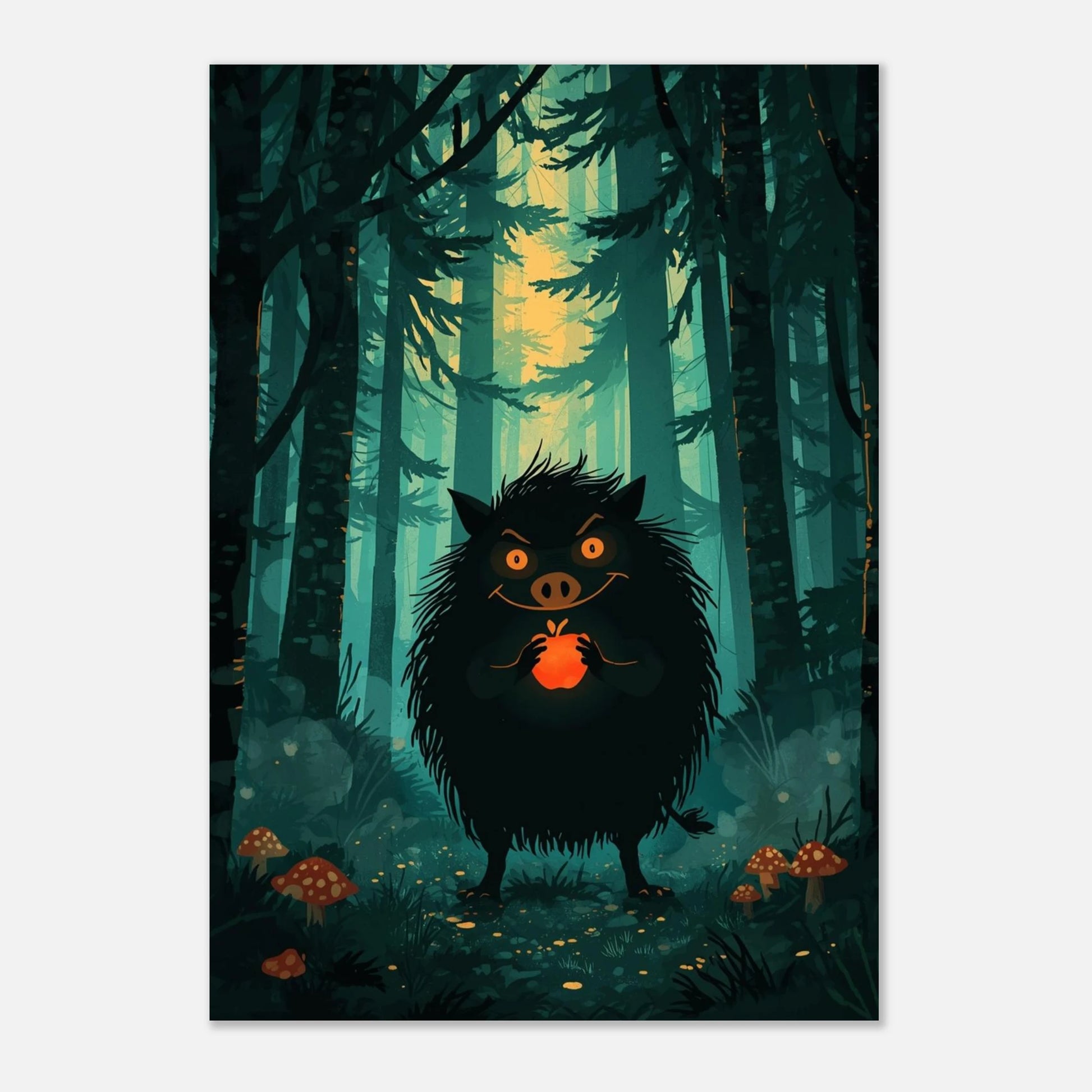 Illustration av ett vildsvin i en solbelyst men mystisk skog, väggkonst
