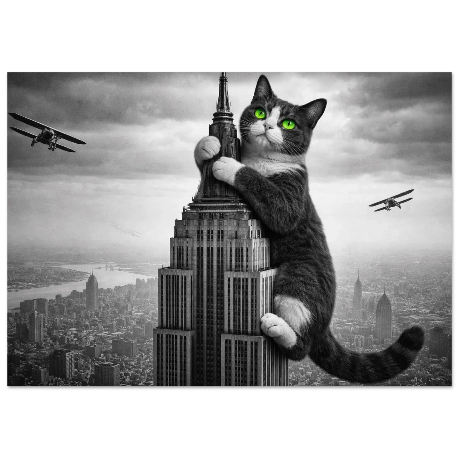 Närbild av stor svartvit katt på skyskrapa, tittar rakt fram med gröna ögon – Fotorealistisk poster