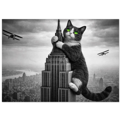 Närbild av stor svartvit katt på skyskrapa, tittar rakt fram med gröna ögon – Fotorealistisk poster