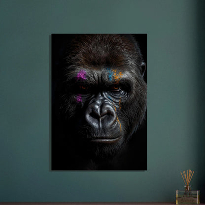 Gorilla ansikte i närbild med färgstarka markeringar
