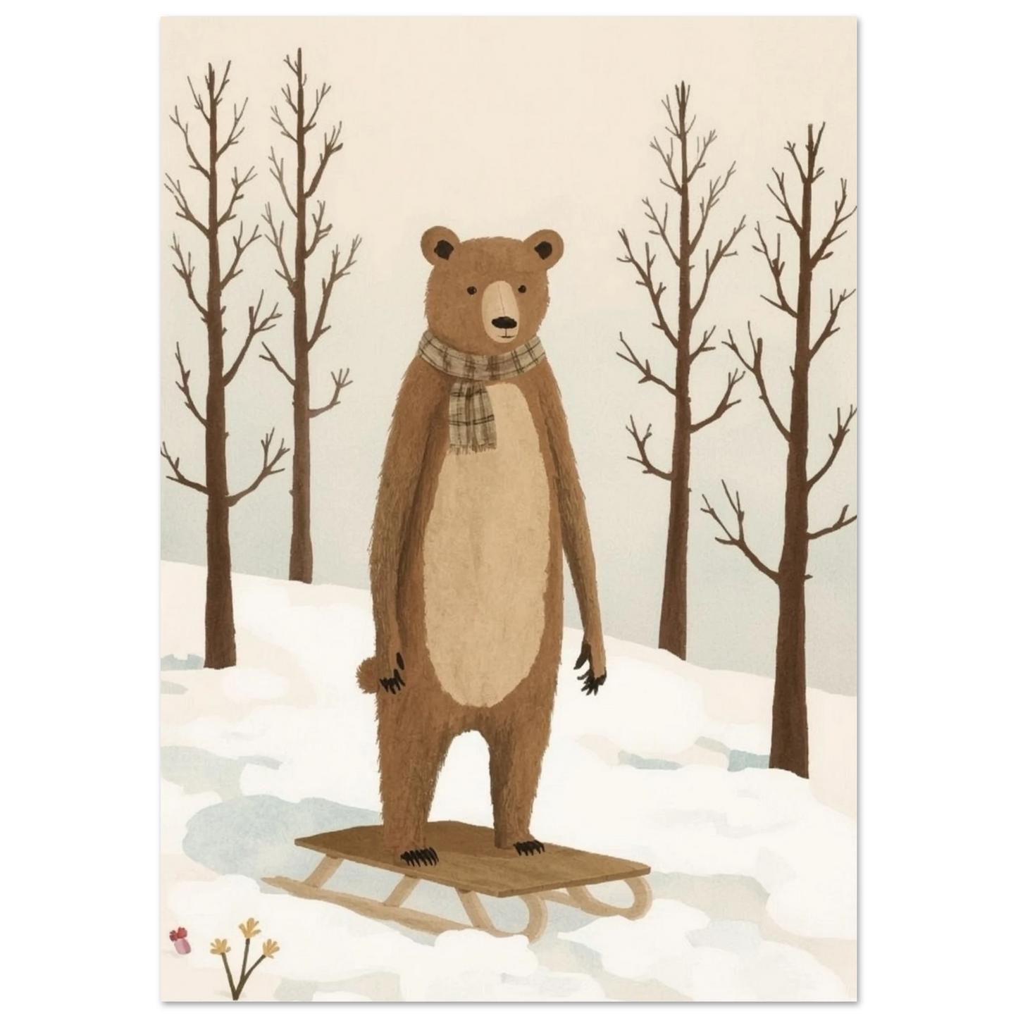 Detaljbild av tecknad björn och kälke i snöig terräng, med svaga spår av gula blommor – Tecknad poster