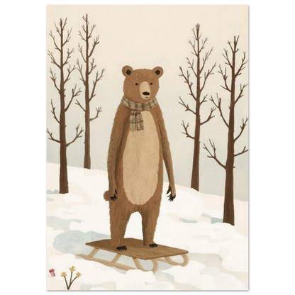 Detaljbild av tecknad björn och kälke i snöig terräng, med svaga spår av gula blommor – Tecknad poster