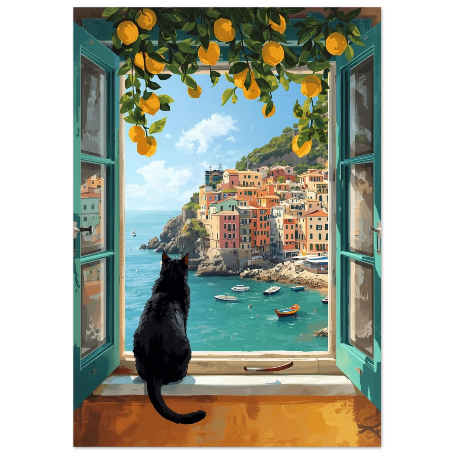 Svart katt på fönsterbräda med utsikt över italiensk kustby – färgstark djurposter