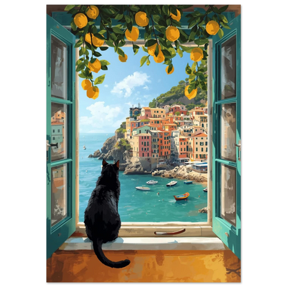 Svart katt på fönsterbräda med utsikt över italiensk kustby – färgstark djurposter
