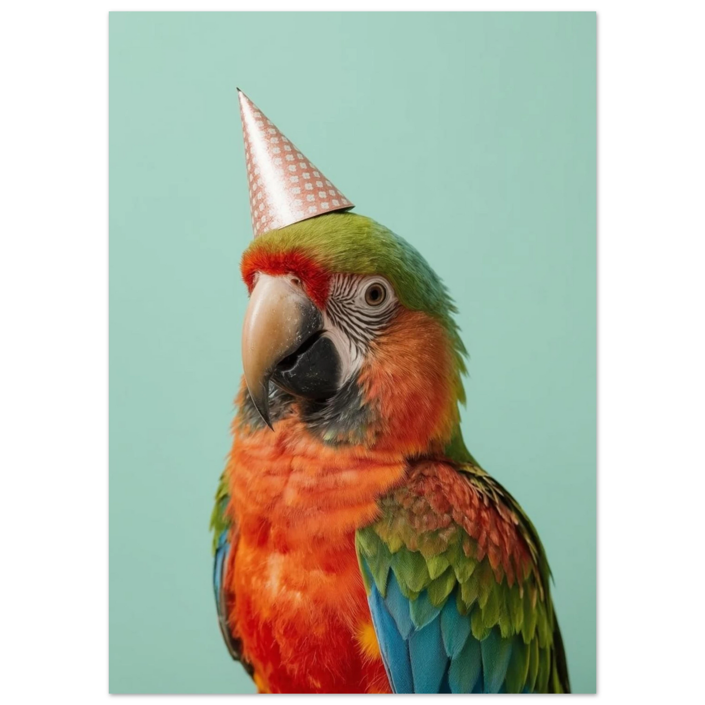 Närbild på ara i partyhatt, humoristisk djurposter för lekfull inredning