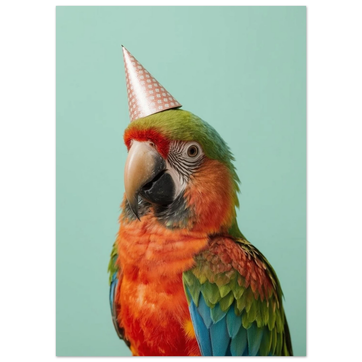 Närbild på ara i partyhatt, humoristisk djurposter för lekfull inredning