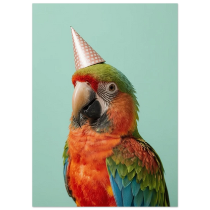 Närbild på ara i partyhatt, humoristisk djurposter för lekfull inredning