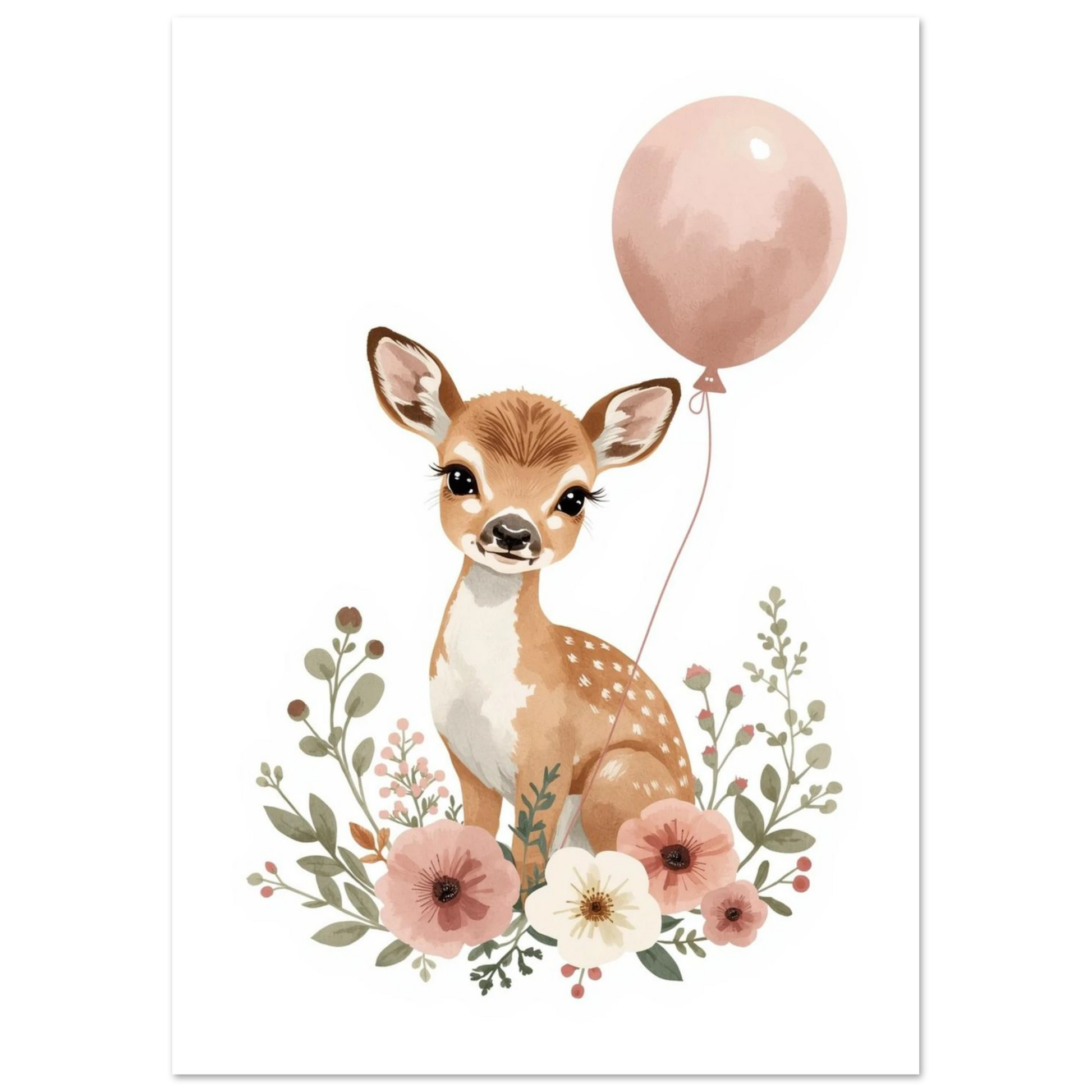 Naturinspirerad barnposter med ett litet rådjur omgivet av mjuka blommor