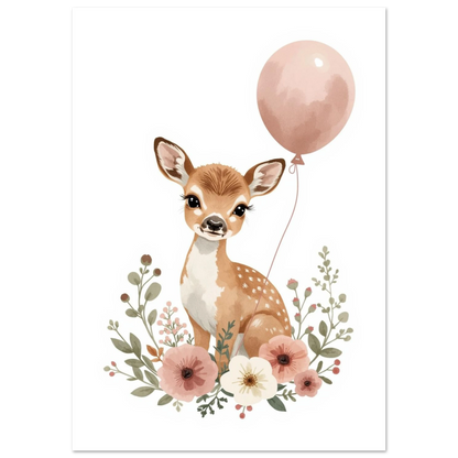 Naturinspirerad barnposter med ett litet rådjur omgivet av mjuka blommor