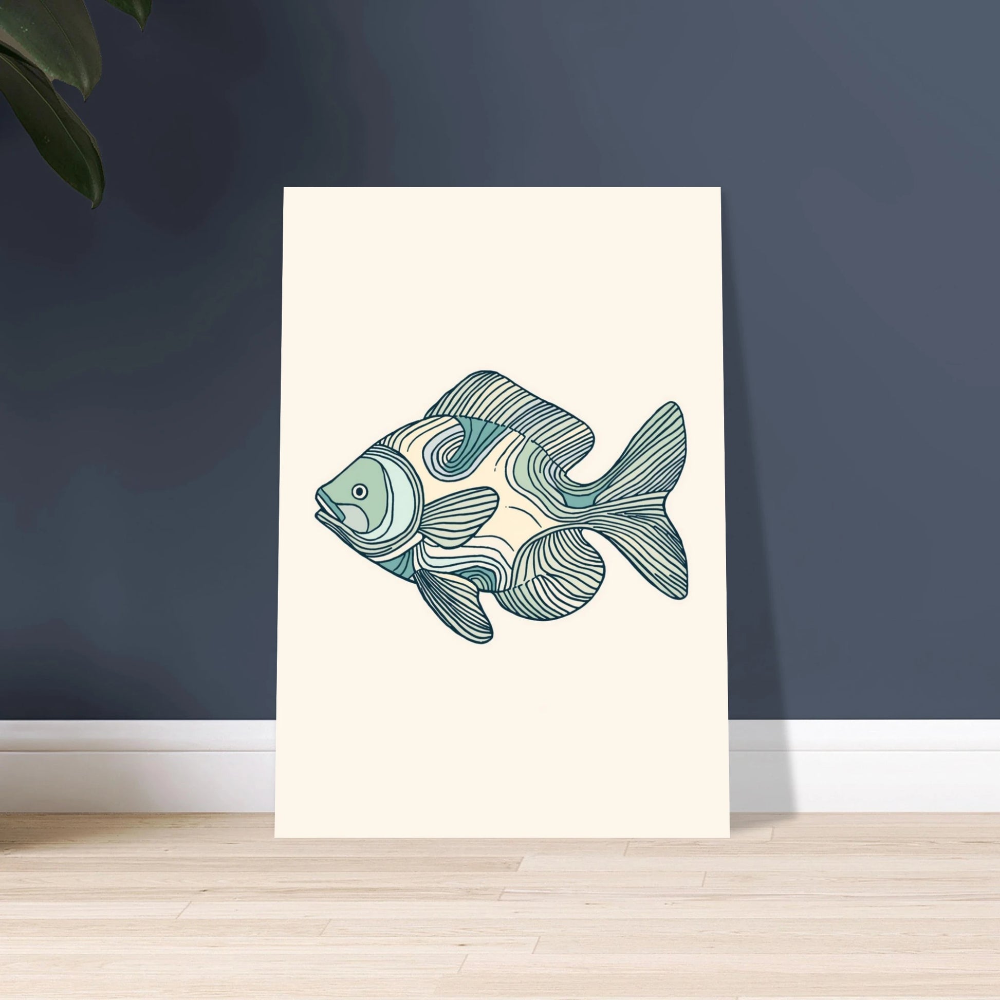 Stiliserad fisk med flytande konturlinjer, konstnärlig och harmonisk design.