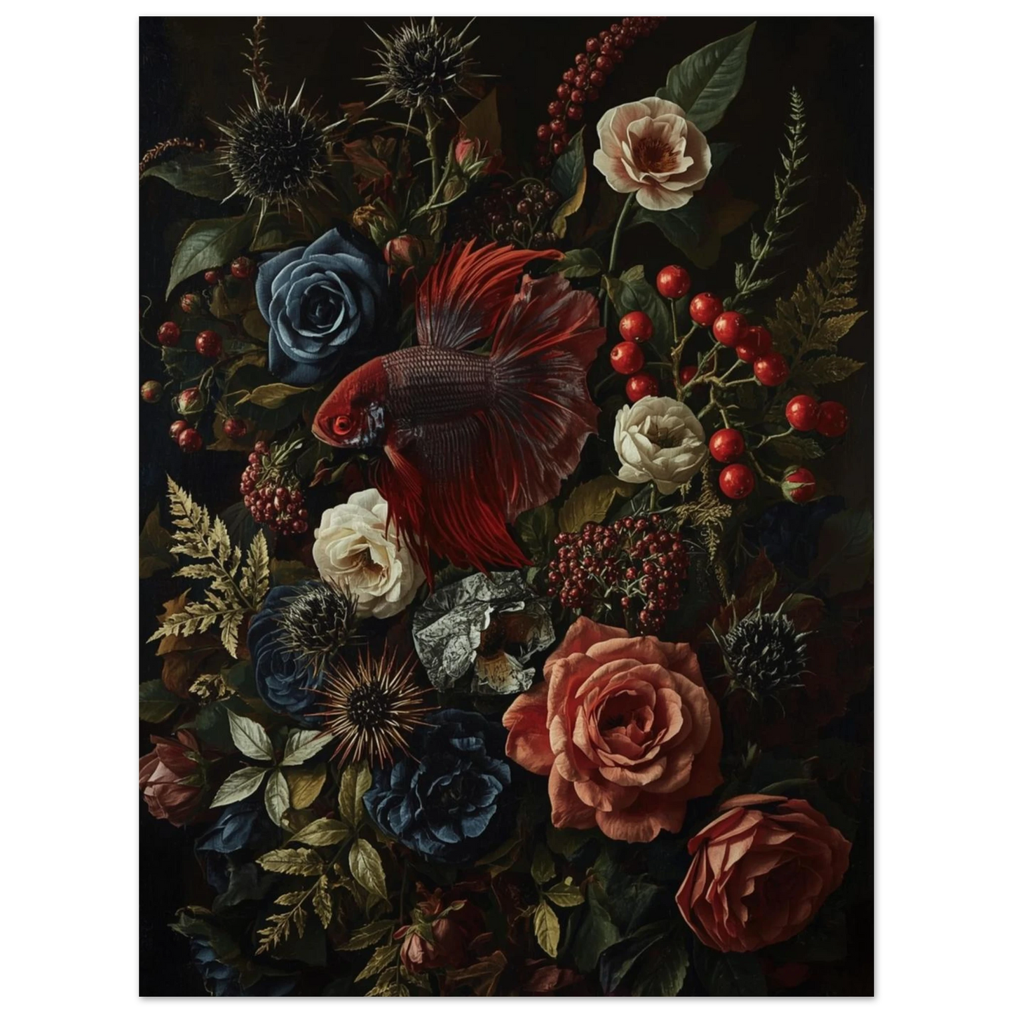 Röd kampfisk i barockinspirerat stilleben med mörka blommor och bär.