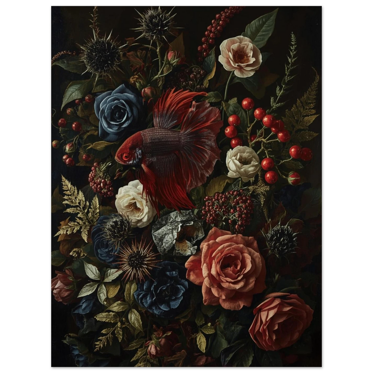 Röd kampfisk i barockinspirerat stilleben med mörka blommor och bär.