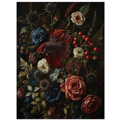 Röd kampfisk i barockinspirerat stilleben med mörka blommor och bär.