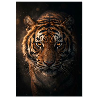Intensiv tiger blickar framåt ur mörkret med glödande ögon.
